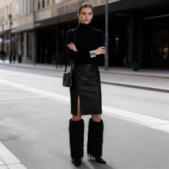 Women's Fur Black Pointed Toe Fold Over Wide Calf Knee High Heel Boots - Picture 5 of 6